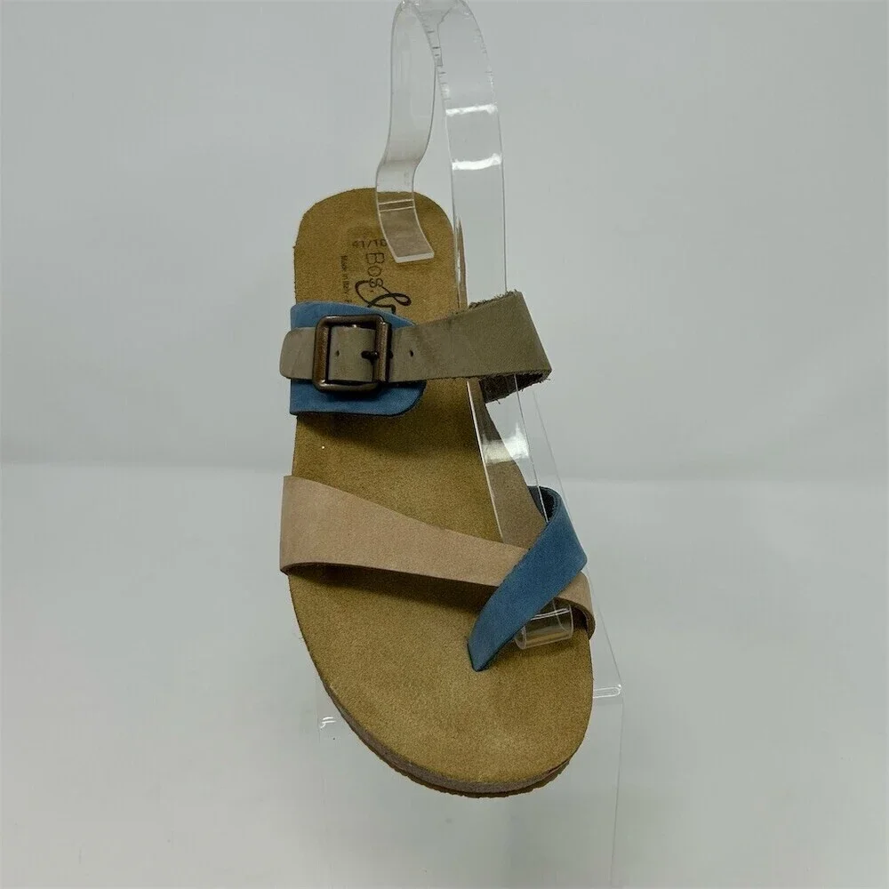 Bos & Co. Womens Blue Tan Slip On Wedge Thong Sandals Size 10 Made in Italy